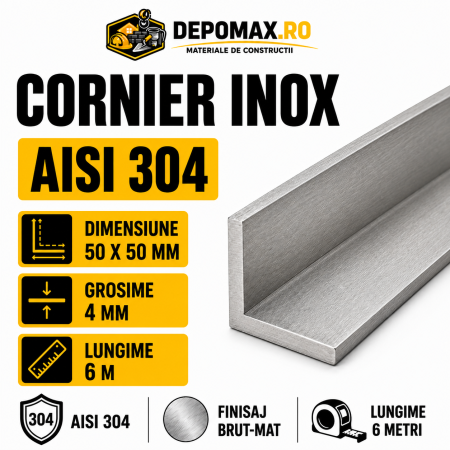 Cornier inox AISI 304, 50 x 50 x 4 mm, 6 metri